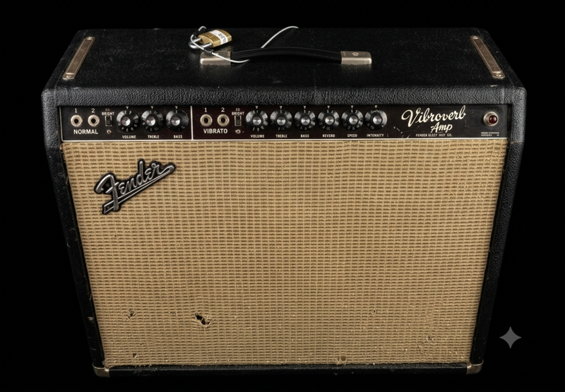 Vintage Fender Vibroverb tube guitar amplifier, black tolex with tan grille cloth