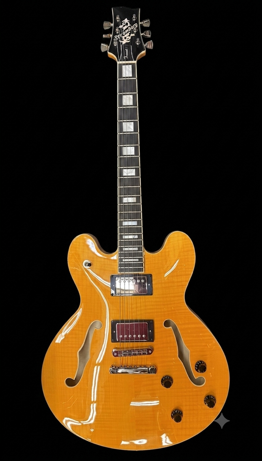 An electric guitar with a bright orange maple top and a black headstock, photographed against a solid black background.