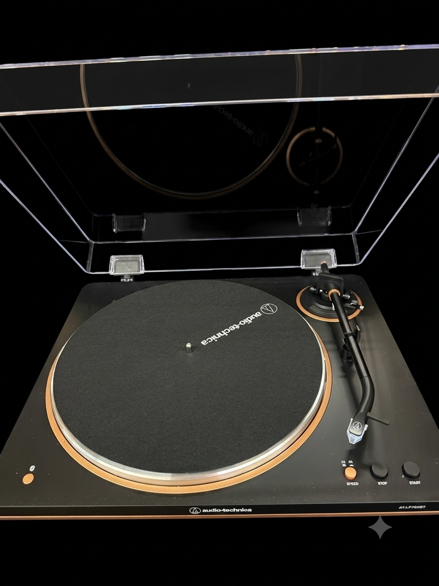 An Audio-Technica AT20x turntable with a clear acrylic lid, shown open against a black background.